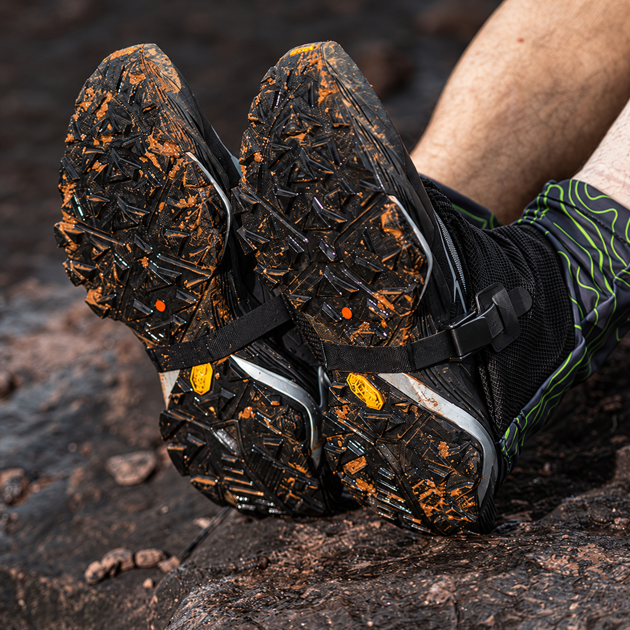 Underfoot straps running across the soles of muddy trail shoes