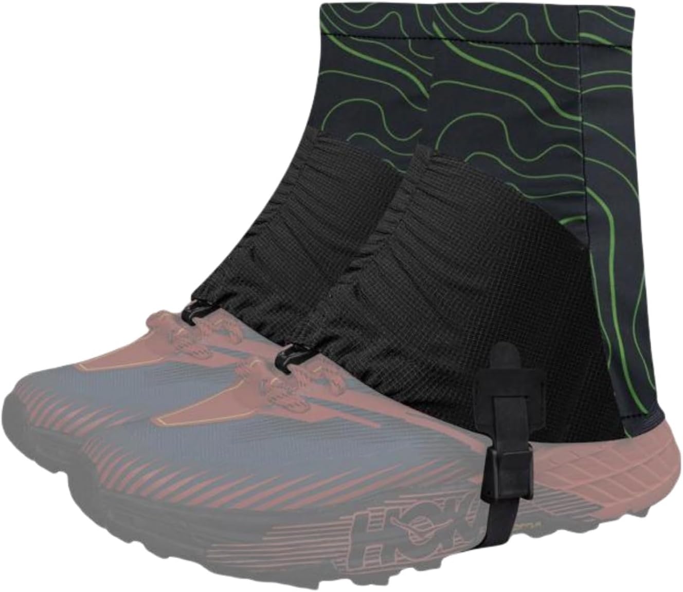 Graphic green low ankle gaiters shown over shoes